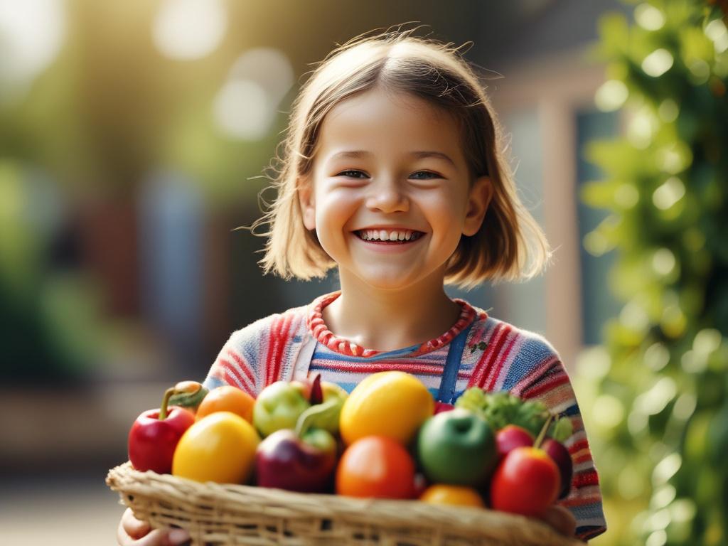 A high-resolution photo of a cheerful child holding fresh fruits and vegetables in a sunny garden, symbolizing healthy eating. The child is smiling and looks energetic, surrounded by vibrant greenery and colorful plants. The background should be soft and natural, emphasizing a wholesome lifestyle. The composition should be simple and clear, focusing on the child with a shallow depth of field.
