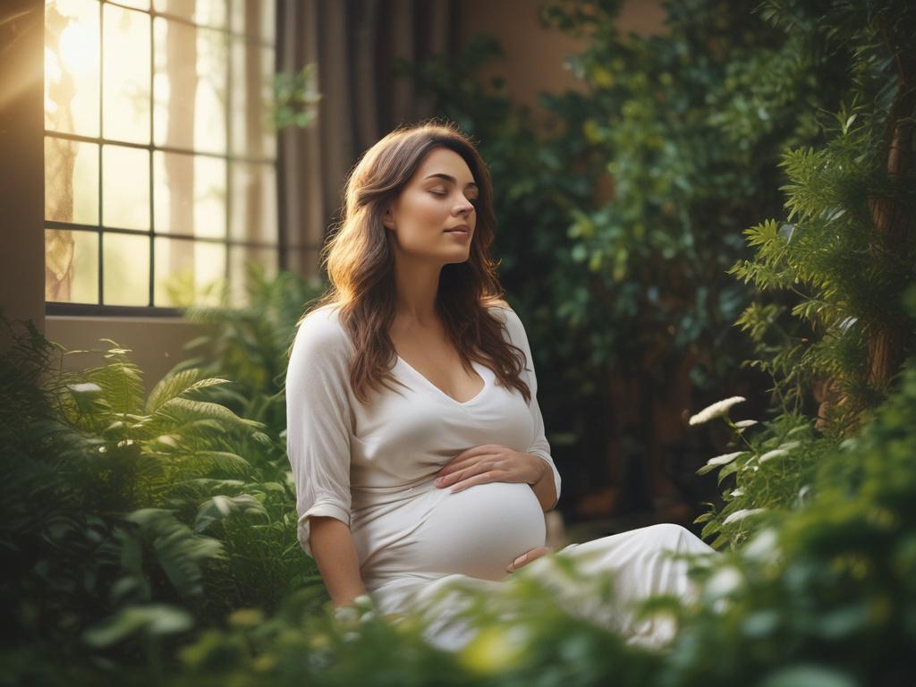 A serene and calming scene featuring a pregnant woman in a peaceful environment, surrounded by soft natural elements like plants and gentle lighting. The woman has a relaxed expression, reflecting tranquility and well-being. The background includes subtle hints of nature, such as soft green leaves and a warm wooden texture, creating a nurturing atmosphere. The image should be a close-up shot, focusing on the woman's face and her hands gently resting on her belly, capturing the connection between mother and 
