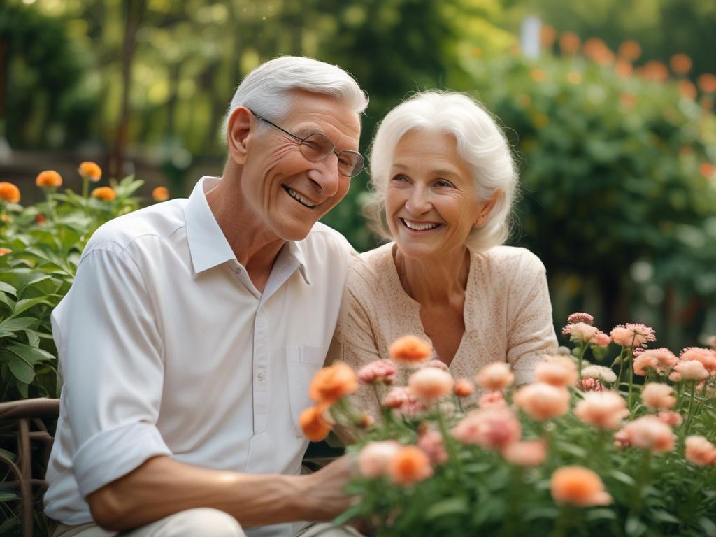 A realistic high-resolution photo of a serene elderly couple sitting together in a peaceful garden, surrounded by vibrant greenery and flowers. The couple is smiling and sharing a moment of joy, embodying tranquility and contentment. The background features soft natural tones, with the sun gently filtering through the leaves, creating a warm and inviting atmosphere.