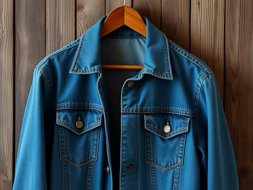 A close-up shot of a classic denim jacket hanging on a wooden hanger against a rustic wooden backdrop. The jacket is well-fitted, showcasing its stitching details and texture. The denim is a rich blue color, with subtle fading for a vintage look. The lighting highlights the fabric's robustness while providing a warm, inviting atmosphere.