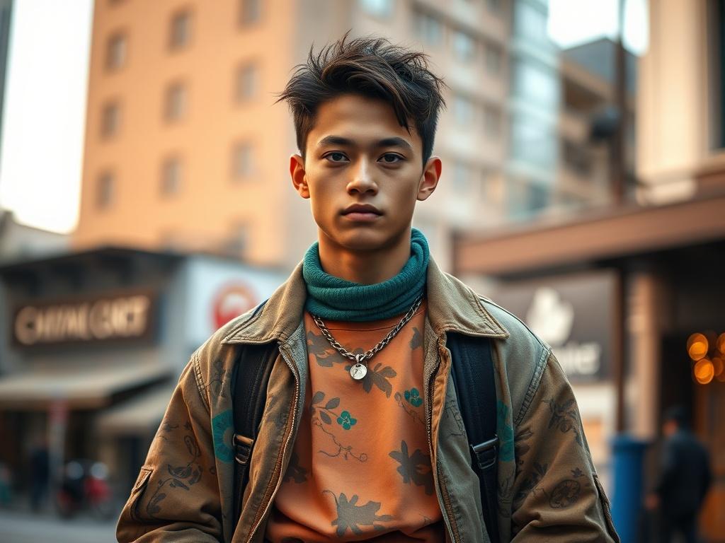 **Prompt for AI Image Generation:**

Create a hyper-realistic close-up shot of a person standing confidently in front of a softly blurred urban backdrop, capturing the essence of individuality through fashion. The subject is a young adult, wearing an eye-catching, eclectic outfit that blends various textures and colors, reflecting a unique personal style. Their expression exudes confidence and creativity, showcasing the art of personal expression.

The background should feature subtle hints of city life, su