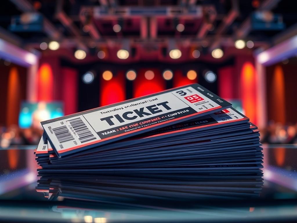 Present a hyper-realistic close-up shot of a group of conference tickets stacked together, placed on a glass table. The background should subtly show a conference stage setup, with soft lighting that brings attention to the ticket details.
