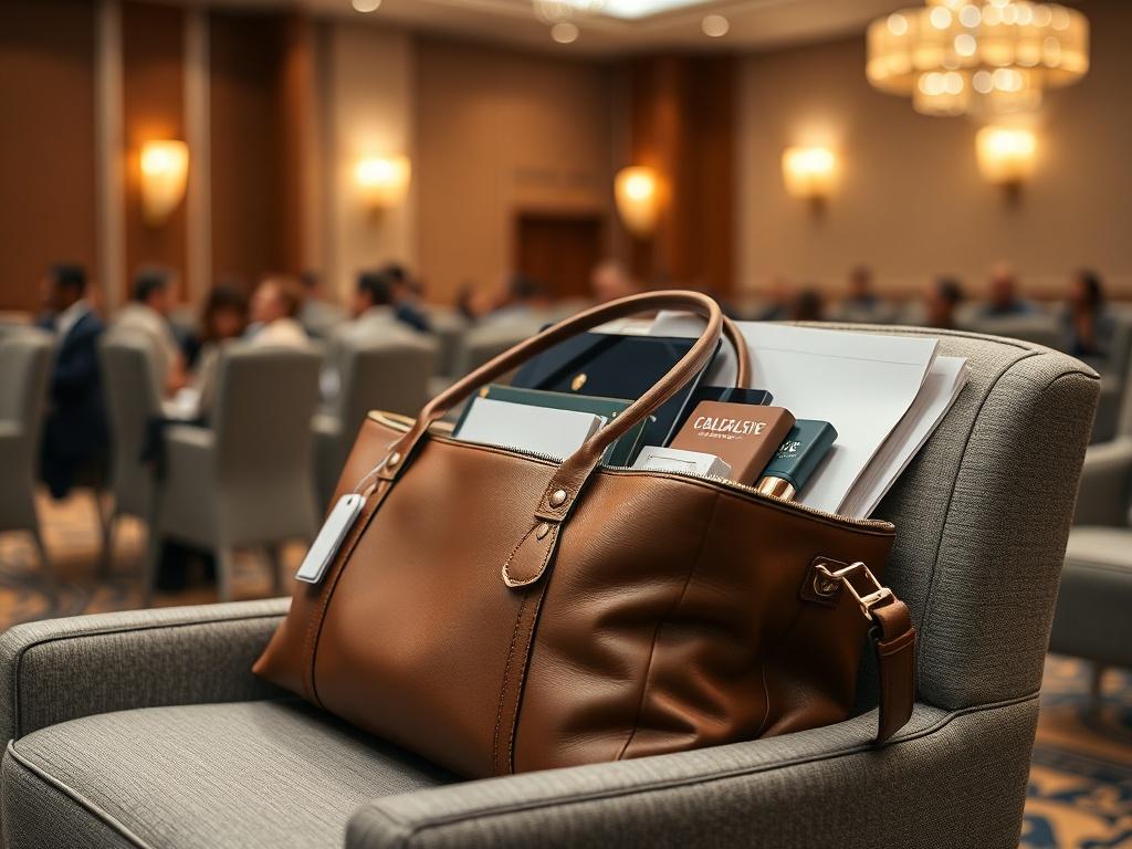 Capture a hyper-realistic close-up shot of a luxurious conference bag filled with exclusive materials, resting on a plush chair. The background should include soft-focus elements of a conference hall, with ambient lighting that highlights the elegance of the bag and its contents.