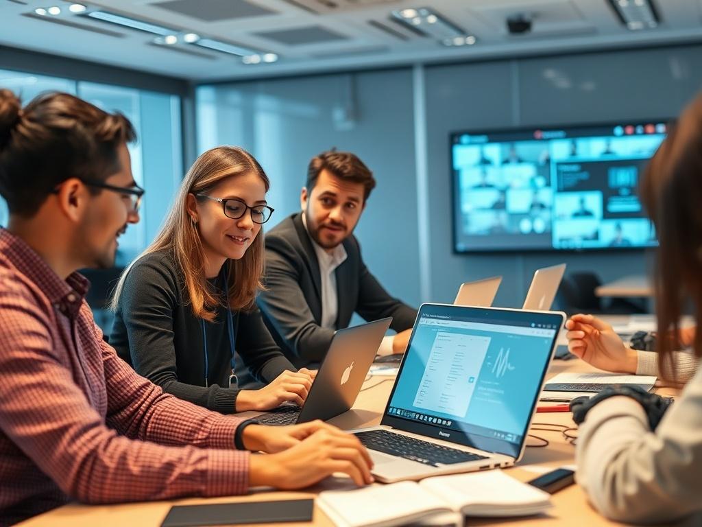 A high-resolution close-up shot of a diverse group of professionals engaged in a hands-on workshop on generative AI, surrounded by laptops and digital tools, in a bright and modern training room. Participants are collaborating and discussing ideas enthusiastically.