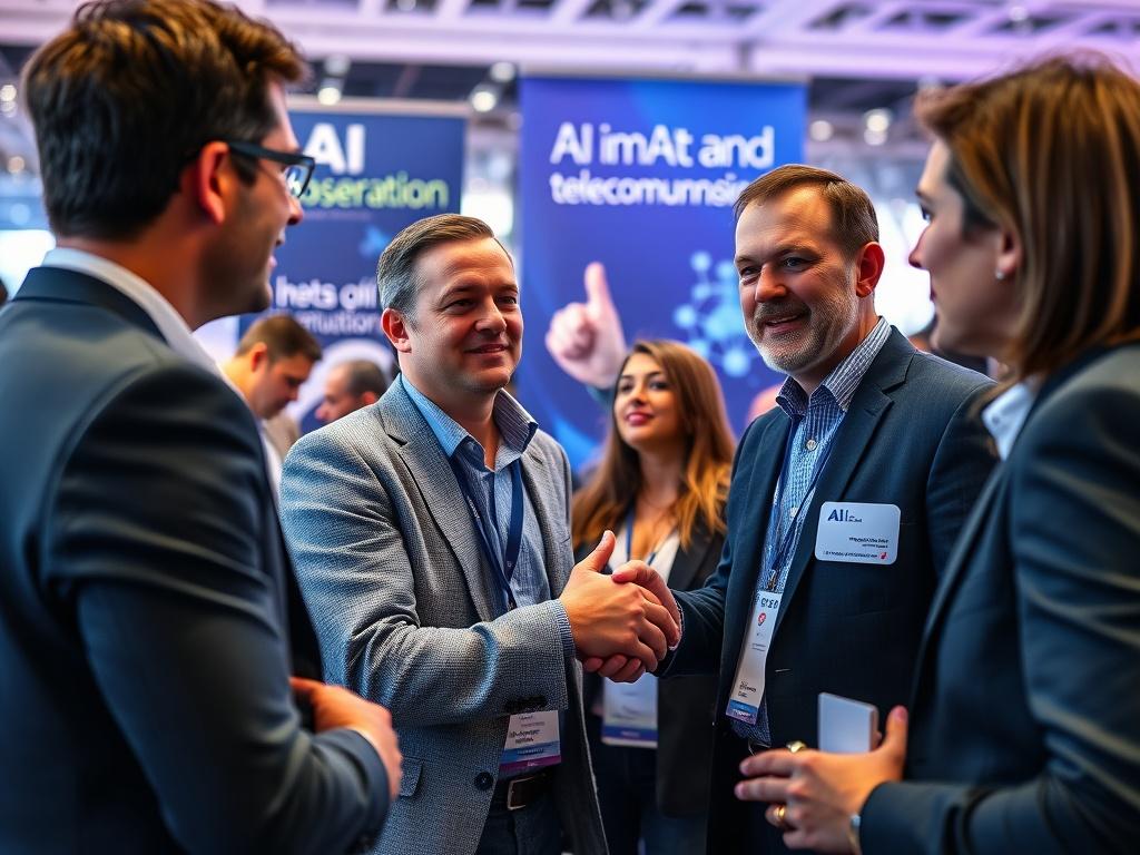 A high-resolution close-up shot of professionals networking at a conference, shaking hands and sharing ideas in a vibrant and engaging atmosphere, with banners highlighting AI and telecommunications in the background.