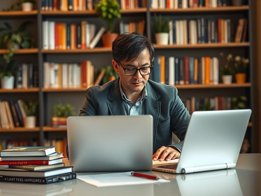 "Create a realistic high-resolution photo of a thoughtful author sitting at a sleek modern desk, deeply engaged in writing. The subject is a middle-aged individual with short dark hair and glasses, wearing a smart casual outfit. They are focused on a laptop, with papers and books organized neatly around them, illustrating an academic atmosphere. The background is softly blurred, featuring shelves filled with neatly arranged books and plants that evoke a sense of creativity and scholarship. The lighting is w
