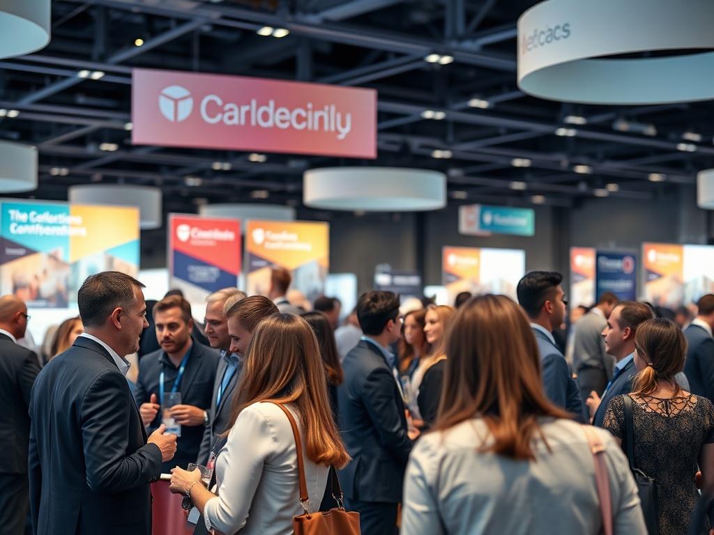 A vibrant networking event featuring professionals mingling and exchanging insights. The image captures small groups engaged in conversation, with a backdrop of banners showcasing the conference theme. The atmosphere is lively and engaging, shot with a 45mm f/1.2 lens style to focus on the interaction among attendees.