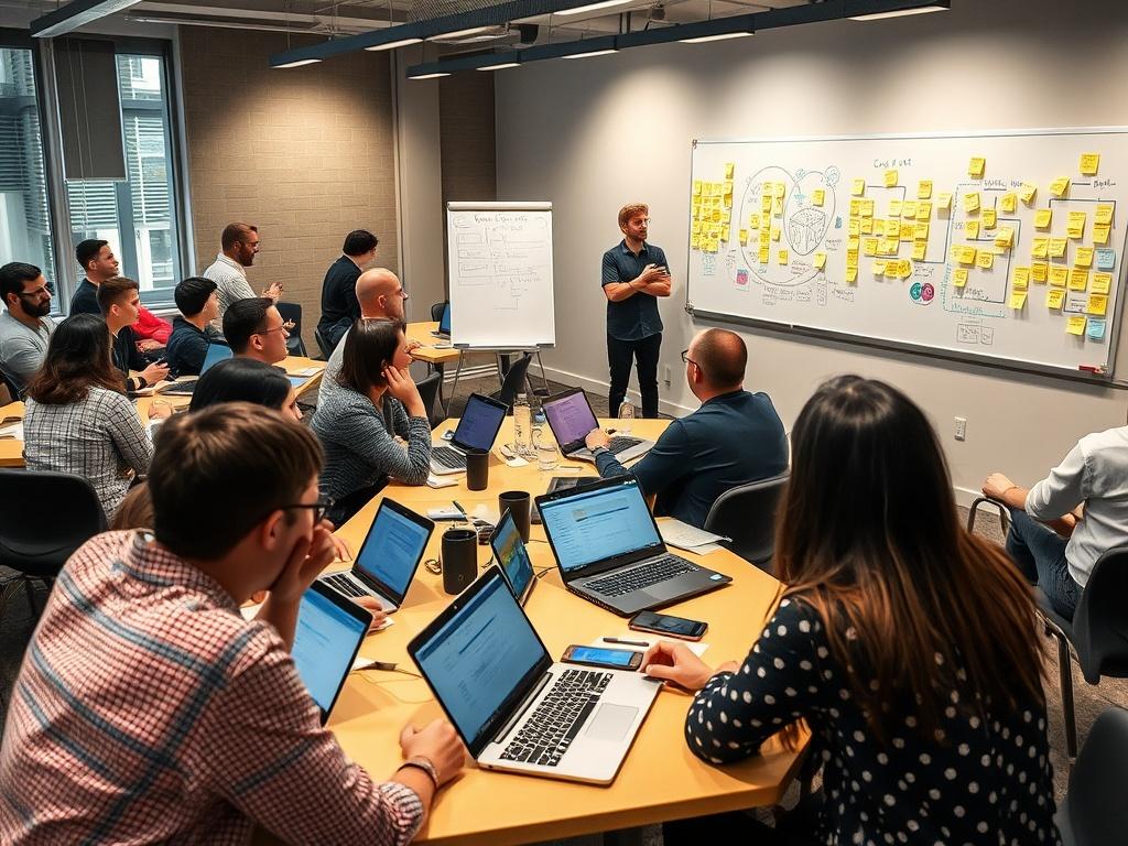 A dynamic workshop environment where participants are engaged in discussions about Generative AI. The image captures attendees collaborating at tables with laptops open, brainstorming ideas on sticky notes, and a facilitator presenting on a whiteboard. The focus is on interaction and learning, shot with a 45mm f/1.2 lens style to highlight the participants' enthusiasm.