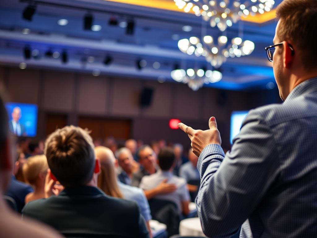 A close up shot of a charismatic speaker delivering a