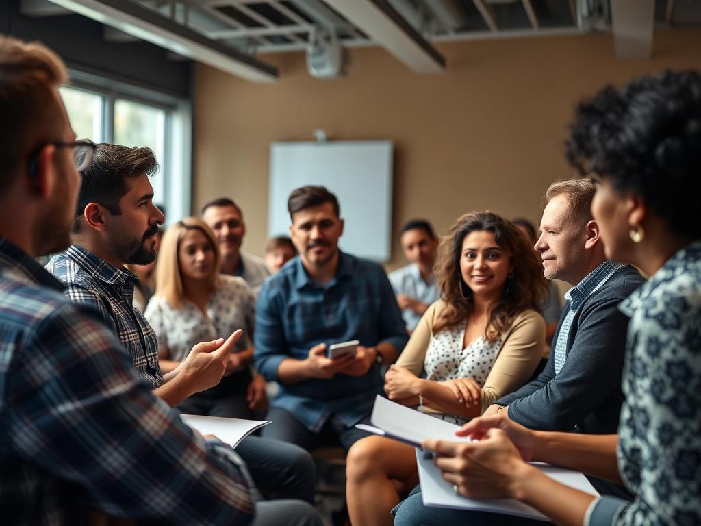 A dynamic image showcasing a workshop in progress, with participants actively engaging in group activities. The focus should be on a presenter sharing insights at the front of the room, with diverse attendees taking notes and collaborating. The environment should be energetic and interactive.