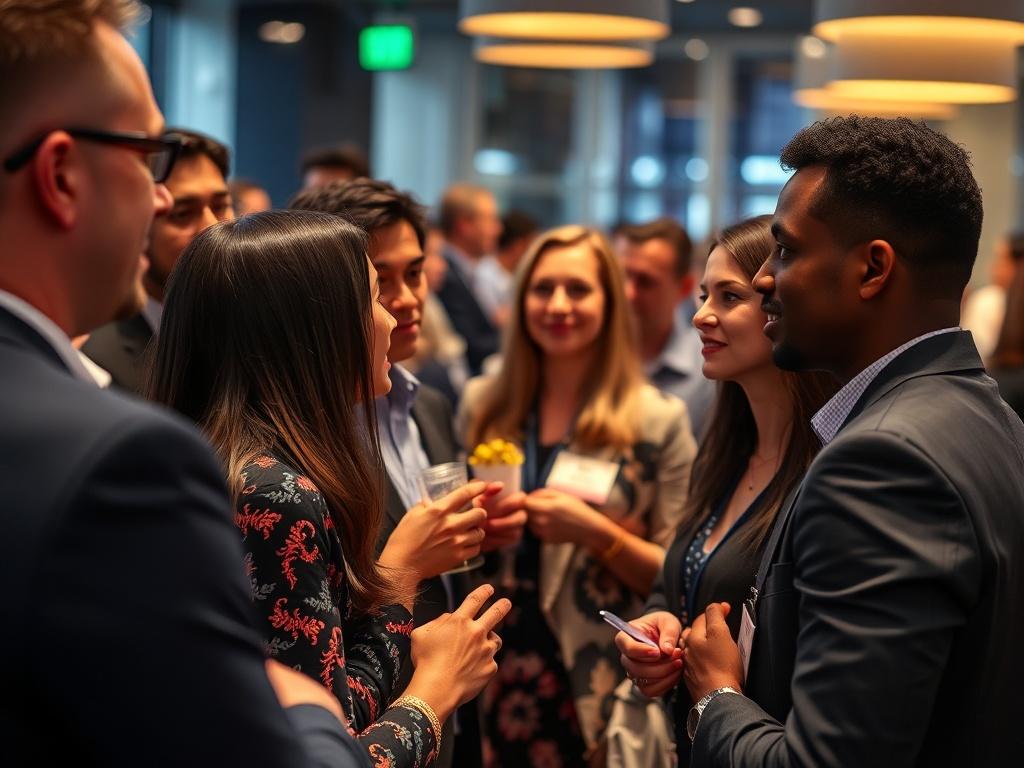 A vibrant scene capturing a networking event with professionals engaging in conversation. The focus should be on diverse individuals exchanging ideas, with name tags visible. The setting should be modern and inviting, with soft lighting and a stylish venue background.