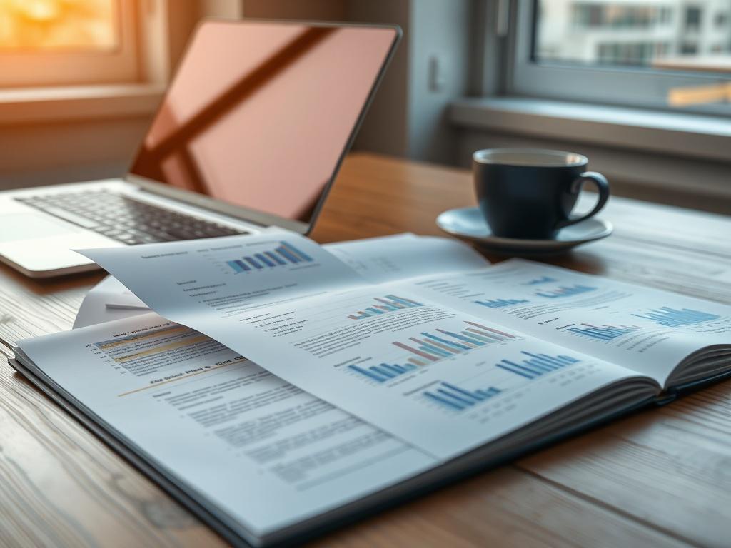 A close-up shot of an open conference proceedings document on a wooden desk, with a laptop and a cup of coffee in the background. The document should be clearly visible, showcasing charts and graphs, with the warm light of a window illuminating the scene.