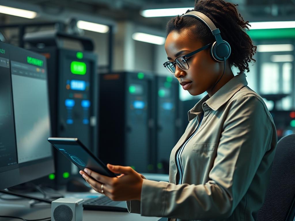Create a highly realistic high-resolution photo focusing on a sleek, modern telecommunications workstation. The main subject is a diverse telecommunications engineer, a woman of African descent, wearing a smart-casual outfit, intently working on a tablet device that displays digital graphs and data analytics related to generative AI. 

The background should be a softly blurred, contemporary office environment, featuring high-tech equipment like servers and communication devices, subtly hinting at the advanc