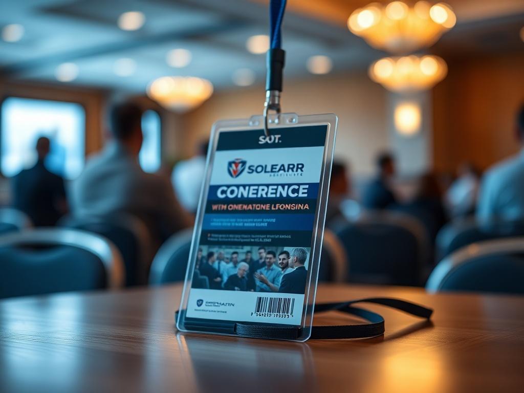 Create a hyper-realistic close-up shot of a conference badge with a lanyard, placed on a wooden table. The background should be softly blurred, showcasing a hint of a conference setting with people in the background. The lighting should be warm and inviting, emphasizing the badge details.