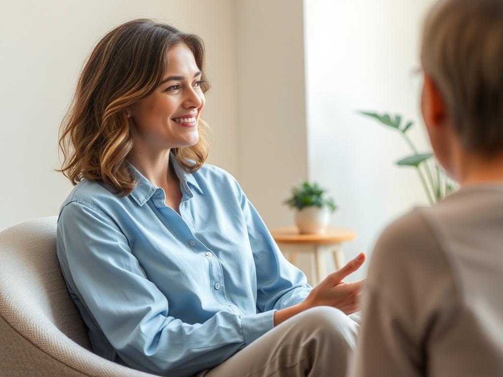 **Prompt for AI Image Generator:**

Create a realistic high-resolution photo that encapsulates the essence of trauma healing therapy and its journey towards restoring inner peace. Focus on a serene female therapist in her mid-30s, who exudes warmth and compassion. She sits in a softly-lit, cozy therapy room, engaging directly with a client off-camera, showcasing her attentive and nurturing presence.

The therapist has medium-length wavy hair and is dressed in a calming light blue blouse, paired with neutral