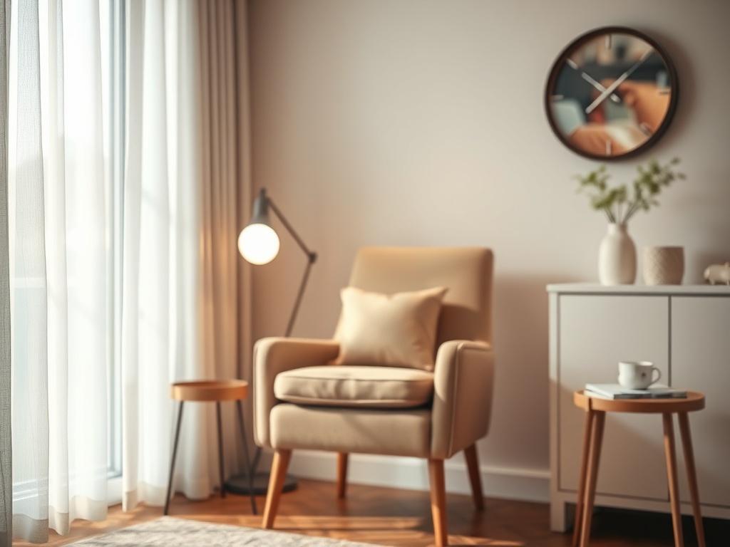 A close-up shot of a serene consultation space, featuring a comfortable chair, soft lighting, and calming decor. The image should focus on a single chair invitingly placed, with a warm and welcoming atmosphere, captured in hyper-realistic detail.