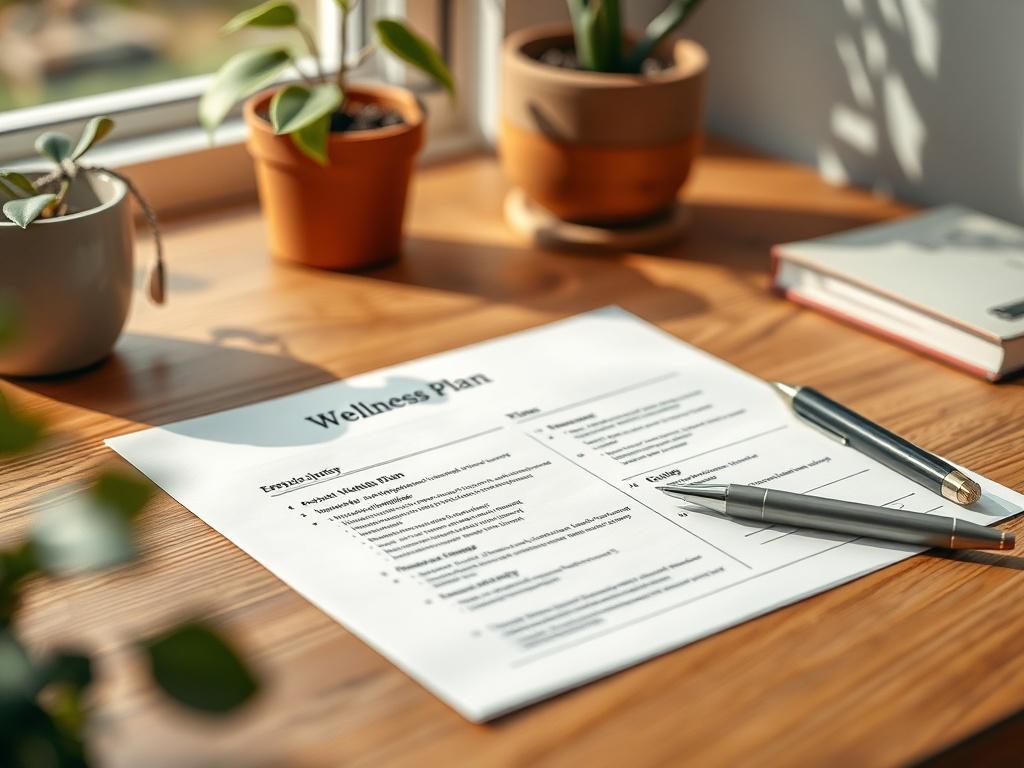 A close-up shot of a wellness plan document on a wooden desk, with a pen and a calming plant in the background. The focus should be on the detailed plan, with soft natural lighting creating an inviting and peaceful atmosphere.