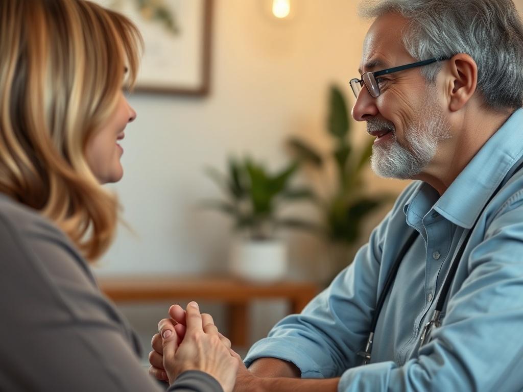 A close-up shot of a practitioner and client engaged in a supportive conversation, featuring a warm and inviting setting. The image should capture the connection and trust between them, emphasizing a nurturing atmosphere.