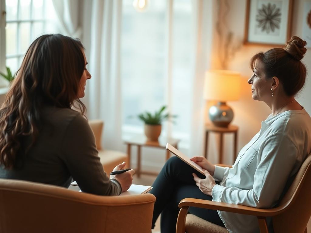 A close-up shot of a warm, inviting consultation room with soft lighting and comfortable seating. A person sits across from a holistic healer, engaged in a thoughtful discussion, with notepads and calming decor in the background. The atmosphere conveys trust and openness, reflecting a supportive environment for self-discovery.