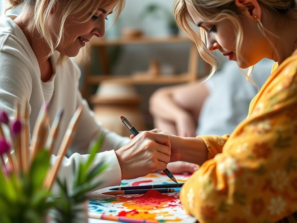 A close-up shot of a healing session in progress, featuring a practitioner guiding a client through an art therapy exercise. Vibrant colors and materials are visible, showcasing creativity and expression. The environment is nurturing and inspiring, promoting a sense of exploration and healing.