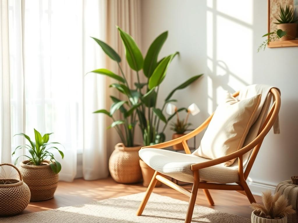 A close-up shot of a serene and welcoming holistic healing space, featuring a comfortable chair and soft natural light streaming through a window. The background should have calming elements like plants and gentle textures, evoking a sense of peace and tranquility. The scene should focus on creating an inviting atmosphere, with a warm color palette that harmonizes with the theme of holistic wellness.