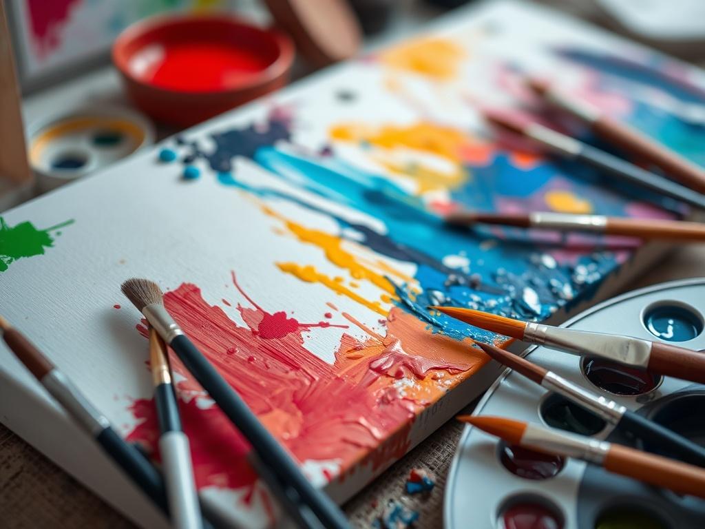 A close-up shot of a canvas with vibrant paint strokes, surrounded by art supplies like brushes and palettes. The background should be softly blurred to emphasize the artistic process, capturing a moment of creativity and inspiration.