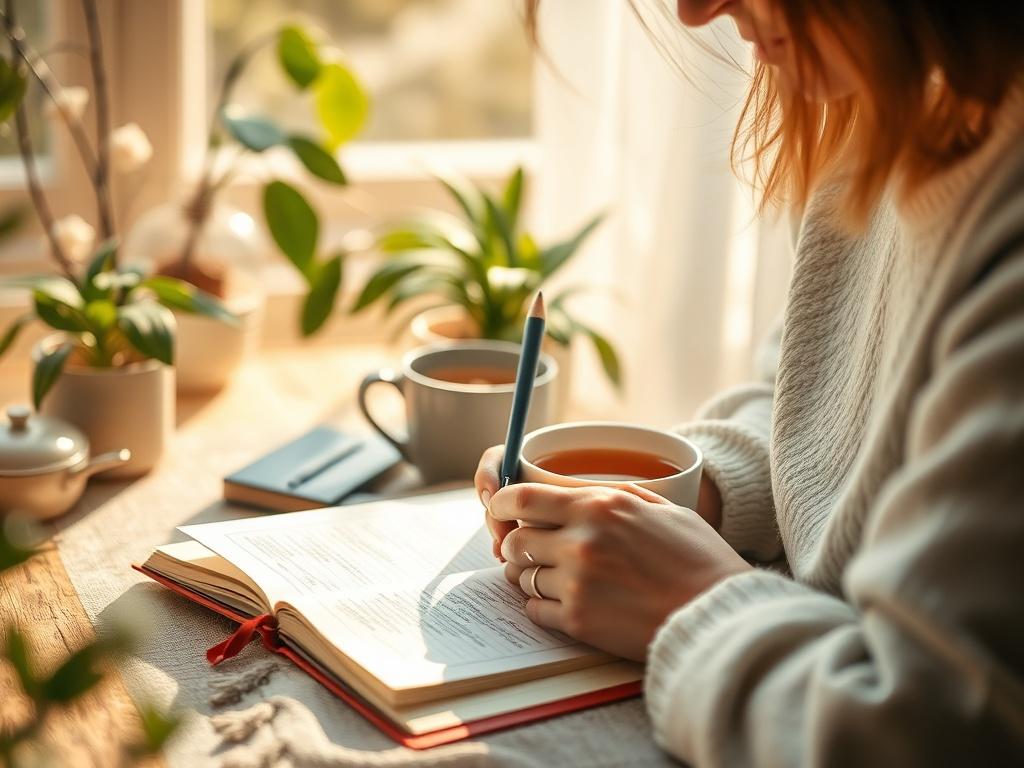 A close-up shot of a person journaling in a cozy, sunlit space with a warm cup of tea beside them. The background should feature plants and soft textures, creating a peaceful and inviting atmosphere that encourages reflection and personal growth.