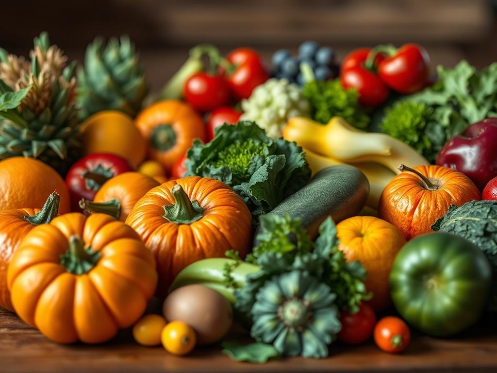 A close-up shot of a diverse group of fresh fruits and vegetables arranged beautifully on a wooden table. The vibrant colors of the produce should be prominent, showcasing oranges, greens, and reds. The background should be softly blurred to emphasize the freshness of the food, creating a warm and inviting atmosphere.