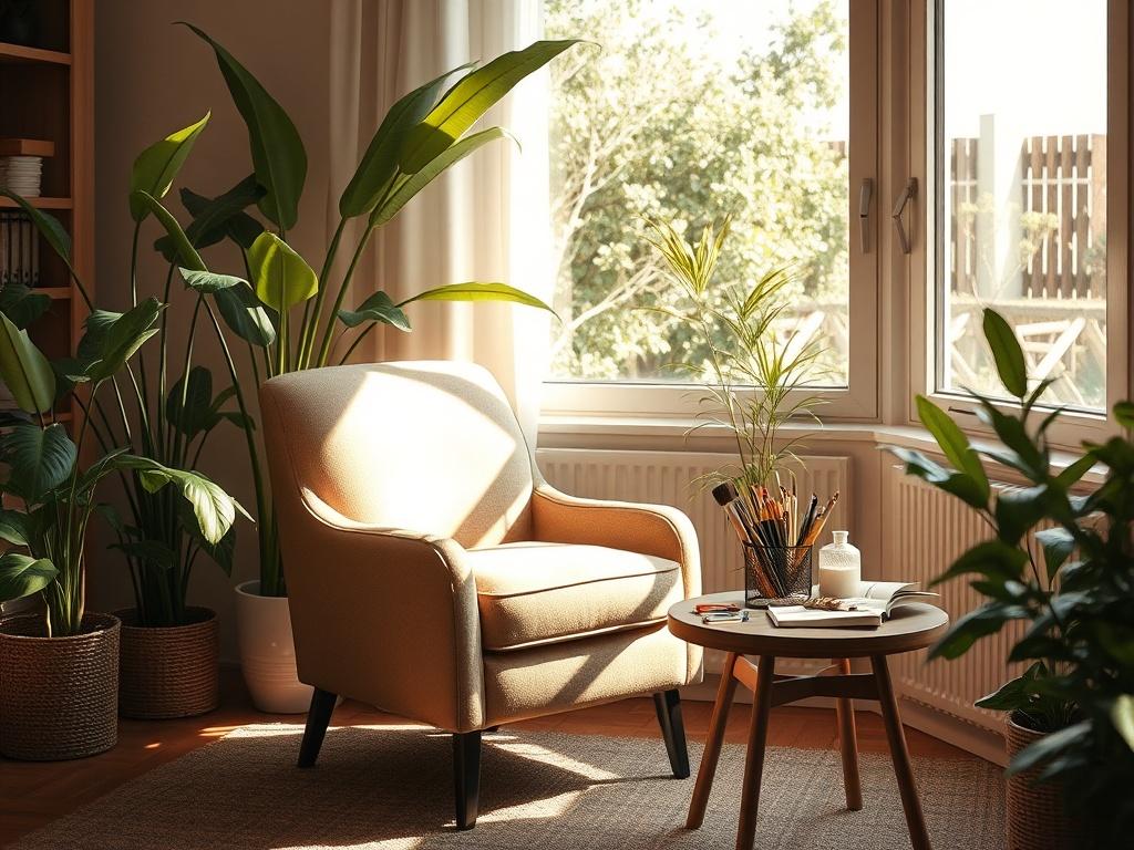 A serene workspace with a single, inviting armchair placed next to a large window. Sunlight filters through, casting a warm glow. On a small table beside the chair, there are art supplies like paintbrushes and a sketchbook, signifying creativity and self-expression. The background features lush green plants that add a touch of nature and tranquility. The color palette includes earthy tones with a focus on rgb(182, 157, 94) to create a warm and calming atmosphere.
