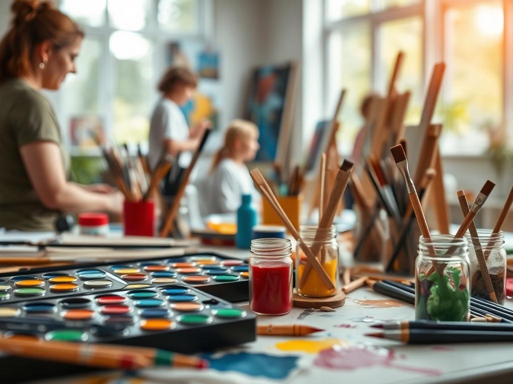 A close-up of vibrant art supplies like paints, brushes, and canvases arranged artistically on a table. The setting is bright and filled with natural light, reflecting a creative space. A blurred background showcases participants engaged in art-making, emphasizing the therapeutic atmosphere.