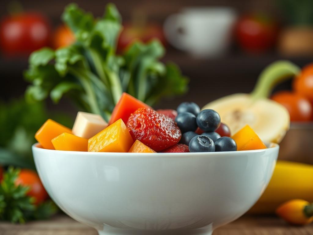 A close-up image of a bowl filled with fresh, colorful fruits and vegetables, symbolizing holistic nutrition. The background is softly blurred to emphasize the vibrant colors of the food, while the focus remains sharp on the bowl. The lighting is warm and inviting, showcasing the freshness and natural appeal of the ingredients.