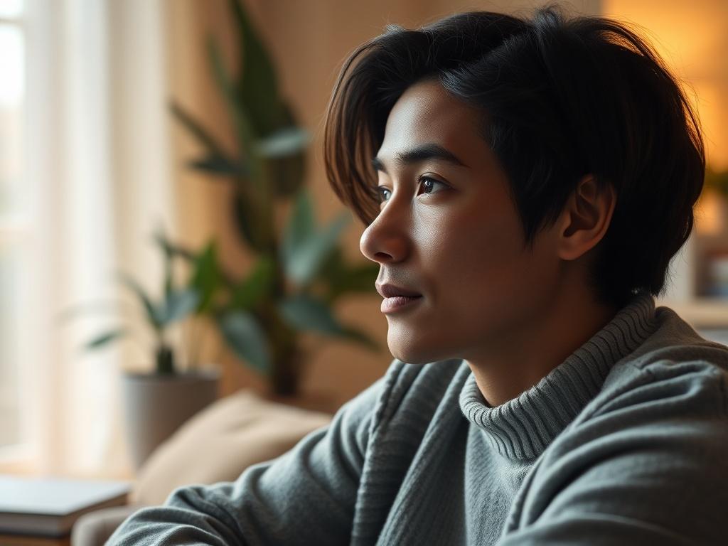A close-up shot of a thoughtful individual sitting in a cozy setting, engaged in a coaching session. The atmosphere is warm and inviting, with soft lighting enhancing the moment of reflection. The background features calming elements like plants or books, creating a serene environment for personal growth.