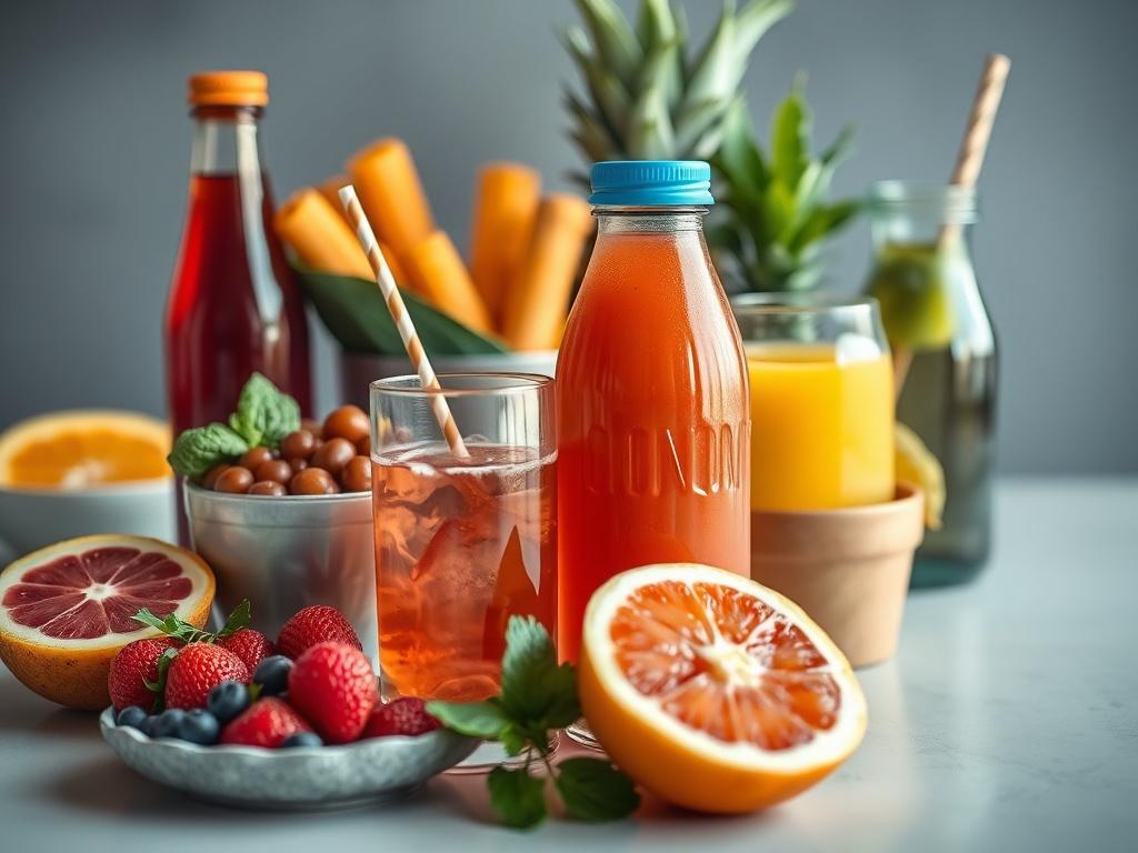 A close up of fresh food items and beverages, displayed
