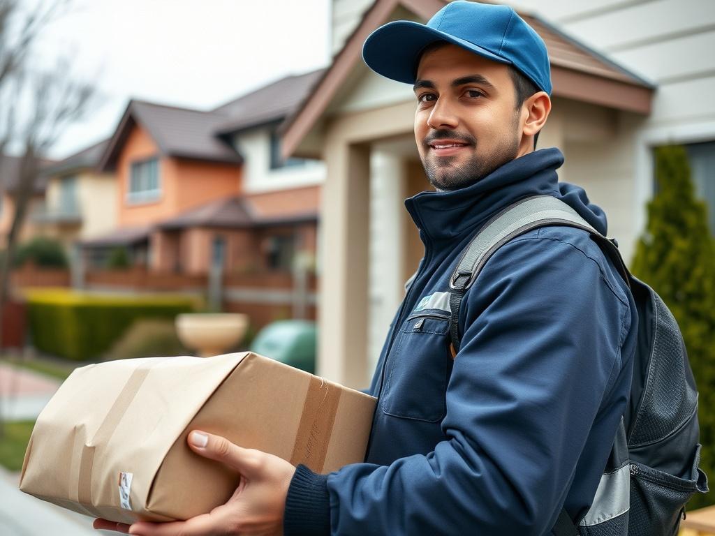 A high resolution image showing a courier at a customer's