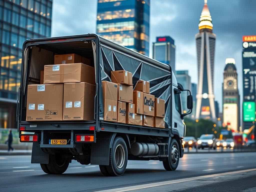 A high resolution image depicting a delivery truck loaded with