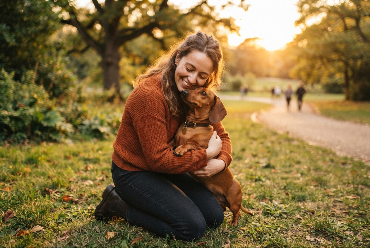 Happy dachshund with caring owner