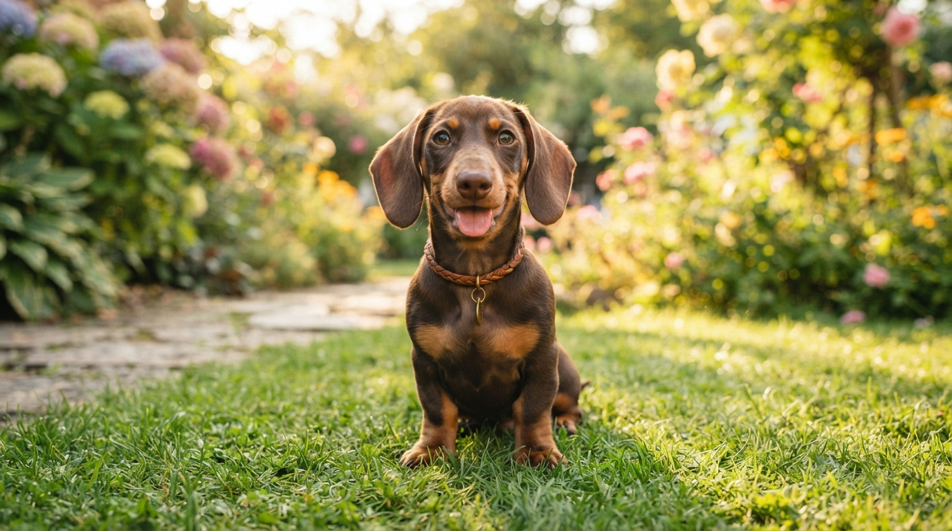 Adorable dachshund puppy in a sunny garden