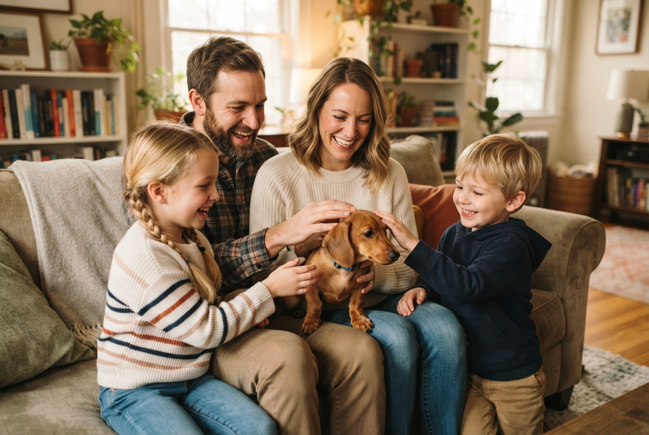 Happy family with dachshund puppy