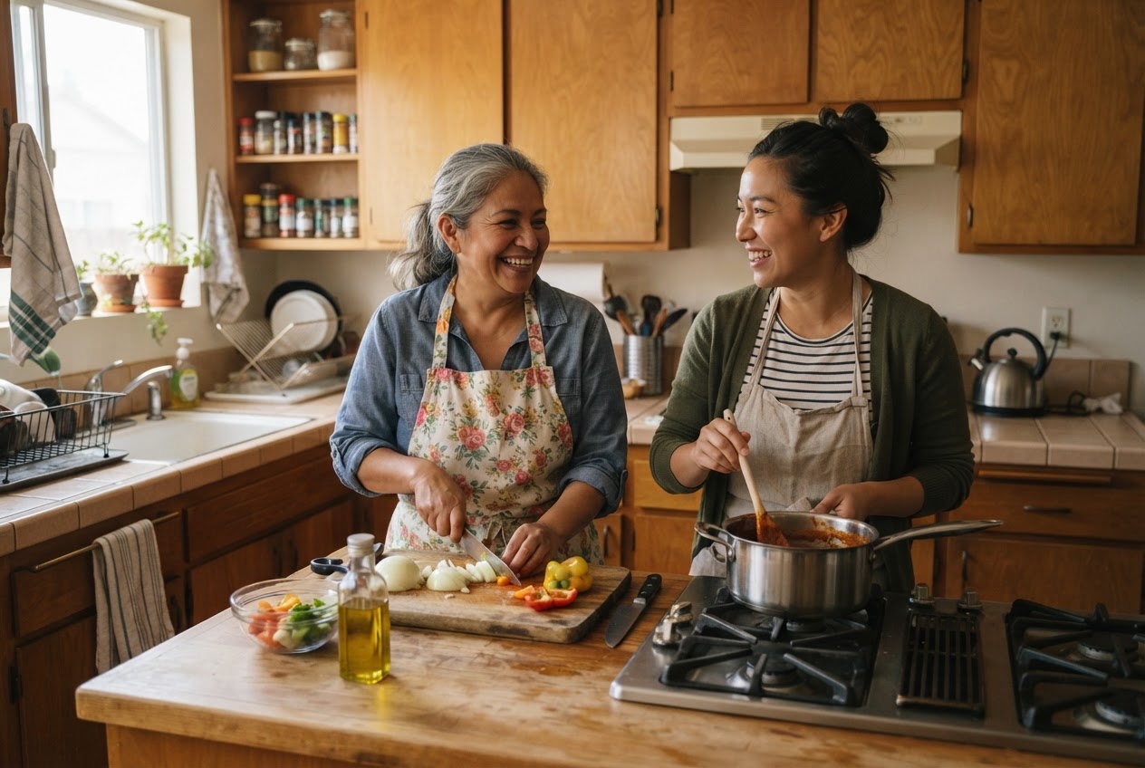 A Latina resident and Asian American housing advocate prepare a meal together