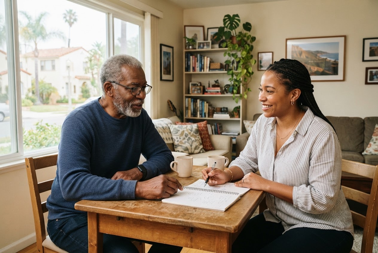 A Black resident and housing support worker talk together at home