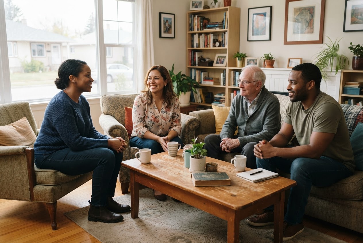 Multiracial residents share a conversation with a housing support professional in their home