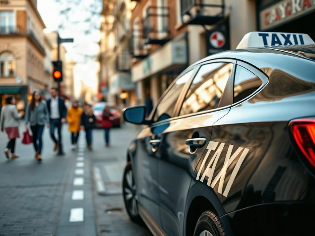 A realistic high-resolution photo of a local taxi vehicle parked on a city street in Kokkola. The scene captures the vehicle in focus, showcasing its modern exterior and clear branding. The background features the lively atmosphere of the city, with pedestrians and buildings that reflect the local charm. The image should be bright and inviting, emphasizing the professionalism and reliability of the taxi service.