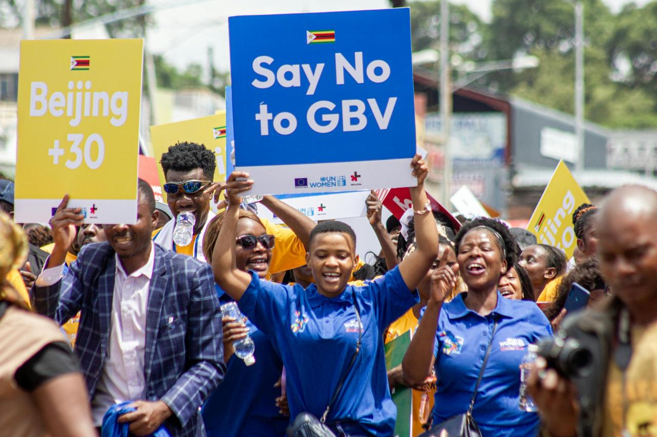 Activist rally in Harare, Zimbabwe advocating against gender-based violence.