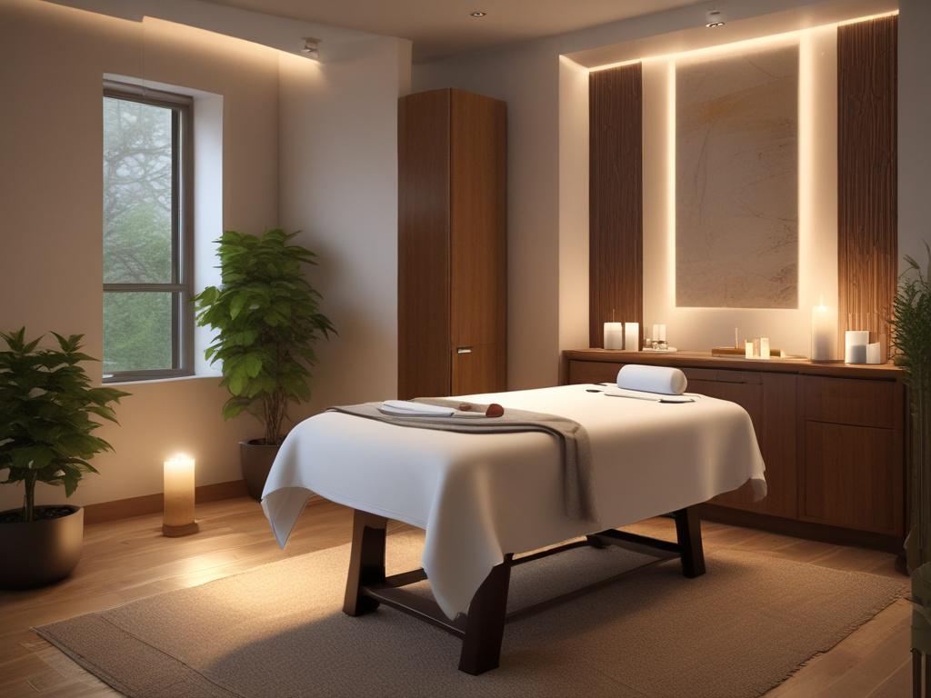 A serene massage room featuring a massage table with soft