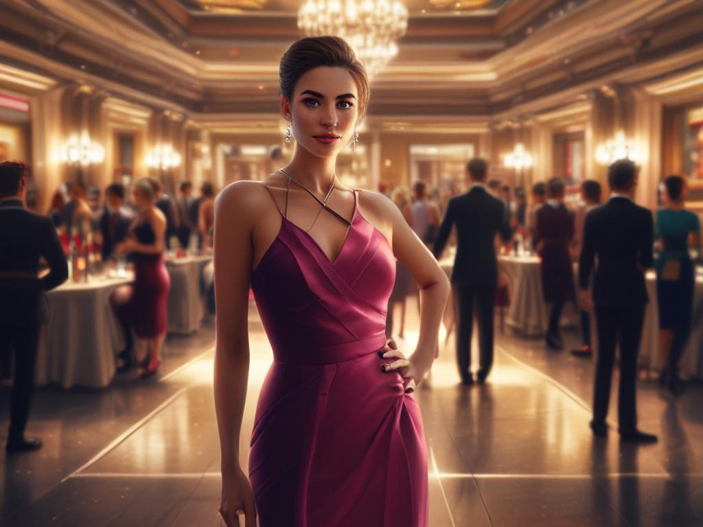 An elite companion in an elegant cocktail dress, standing confidently
