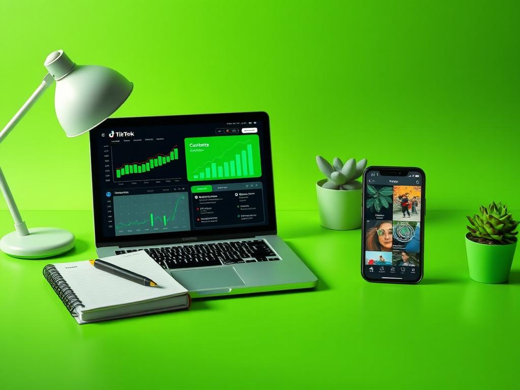 A vibrant and engaging workspace showcasing a laptop with TikTok analytics on the screen, a planner with a content schedule, and a smartphone displaying TikTok ads. The background should be minimalistic, with clean lines and a focus on essential elements, emphasizing productivity and growth. The color scheme should include bold, vibrant colors, particularly green, to reflect energy and success.