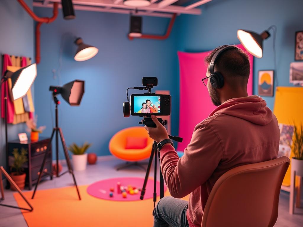 A vibrant setting with a content creator filming a TikTok