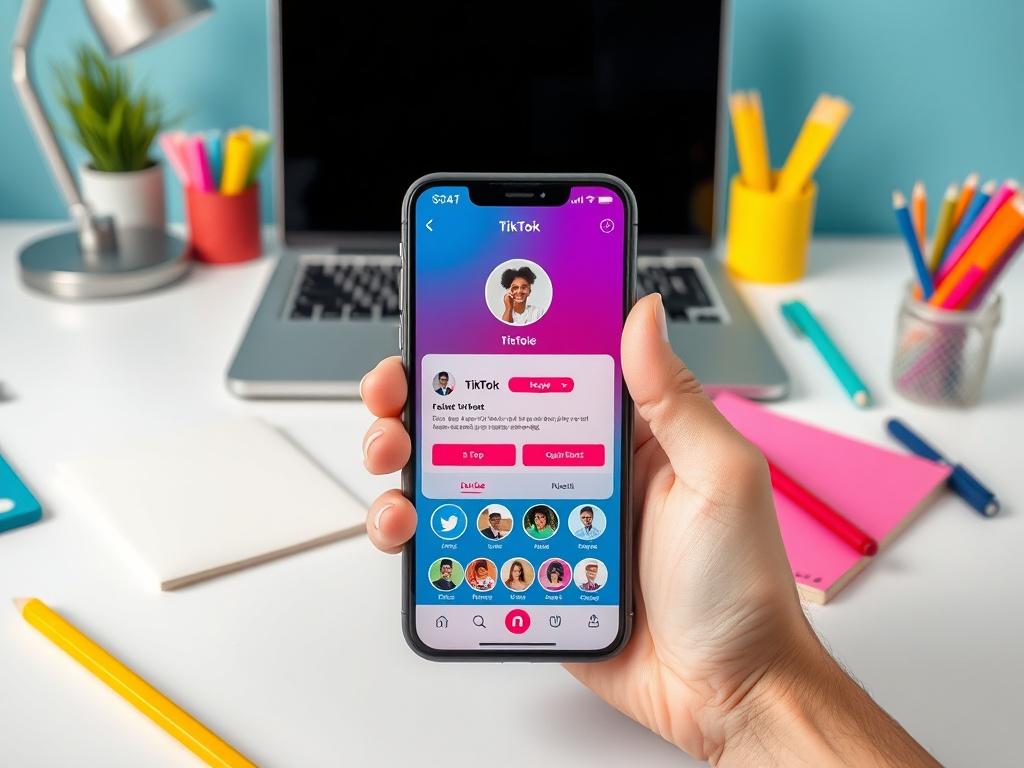 A vibrant TikTok profile setup scene, featuring a smartphone displaying