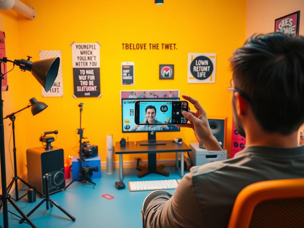 A creative workspace showcasing a content creation process for TikTok,