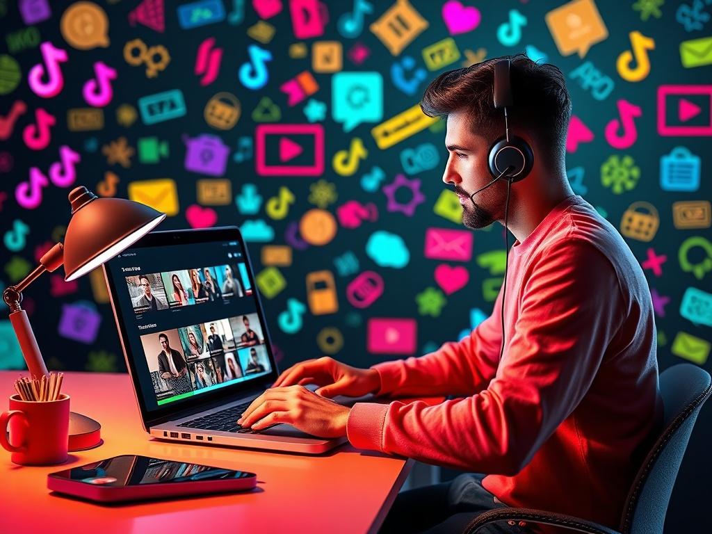 A dynamic scene depicting a TikTok creator analyzing trending topics